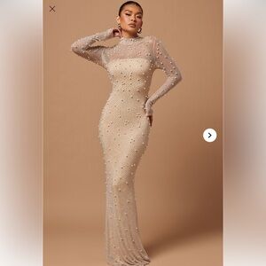Fashion Nova Sparkling Beige Long Sleeve Dress